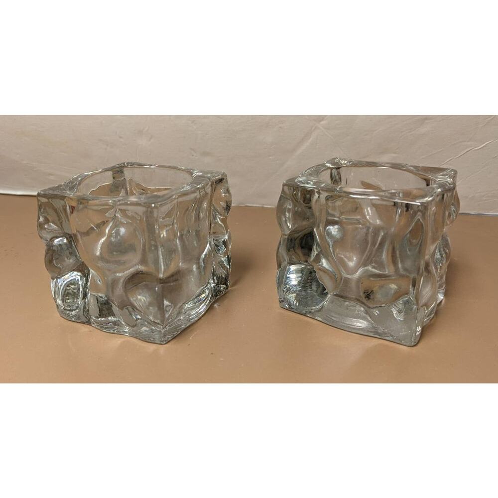 Vintage KIG Ice Cube Glacial Candle Holders Tea Light Votive Pair Set of 2